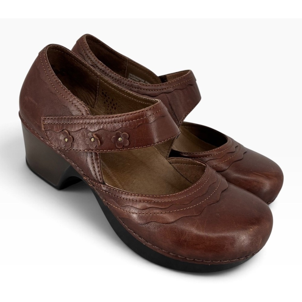 Dansko Harlow Mary Jane Clogs Women 39 Brown Leather Floral Scalloped Good